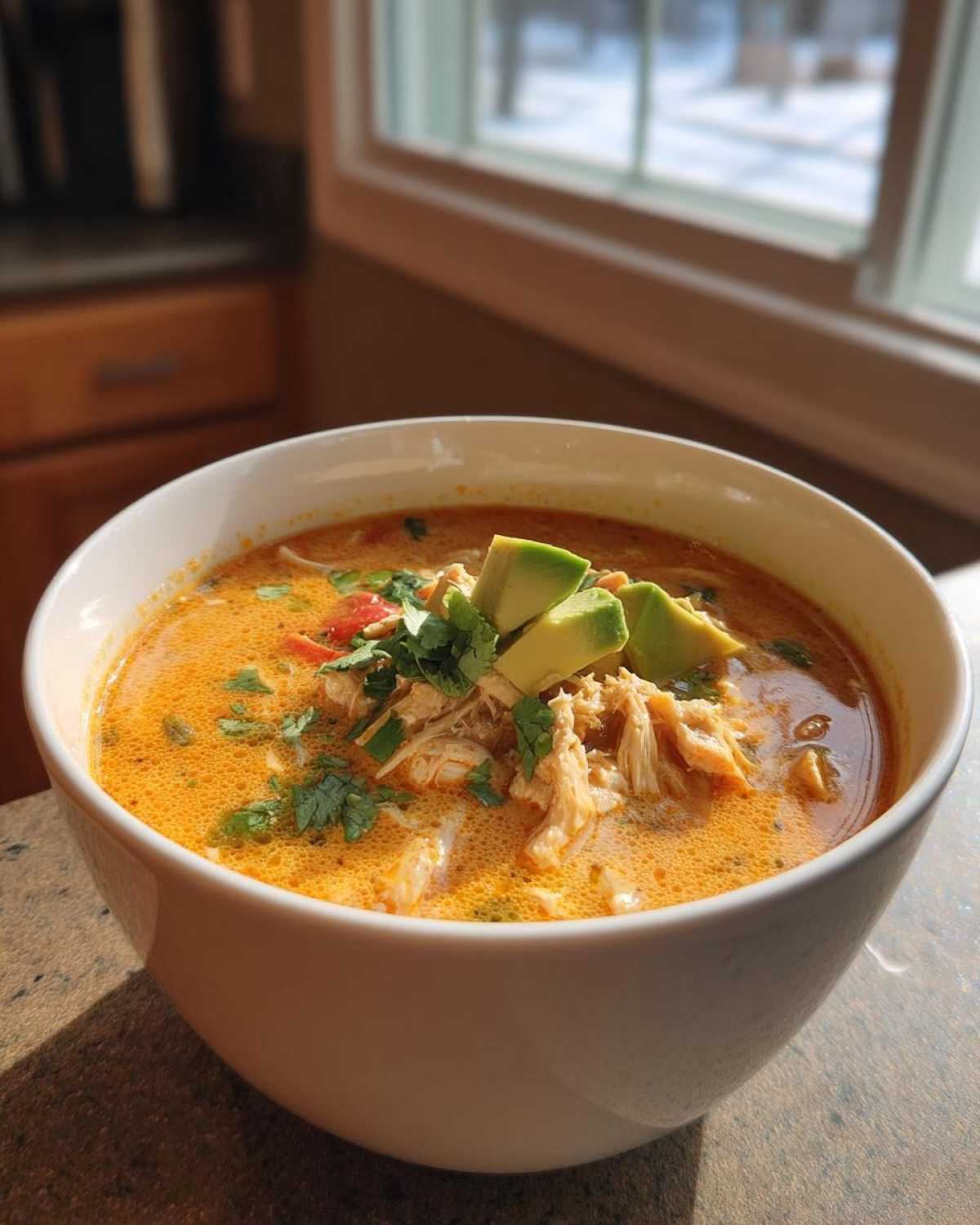 A white bowl filled with creamy chicken tortilla soup, topped with shredded chicken, avocado slices, and cilantro.