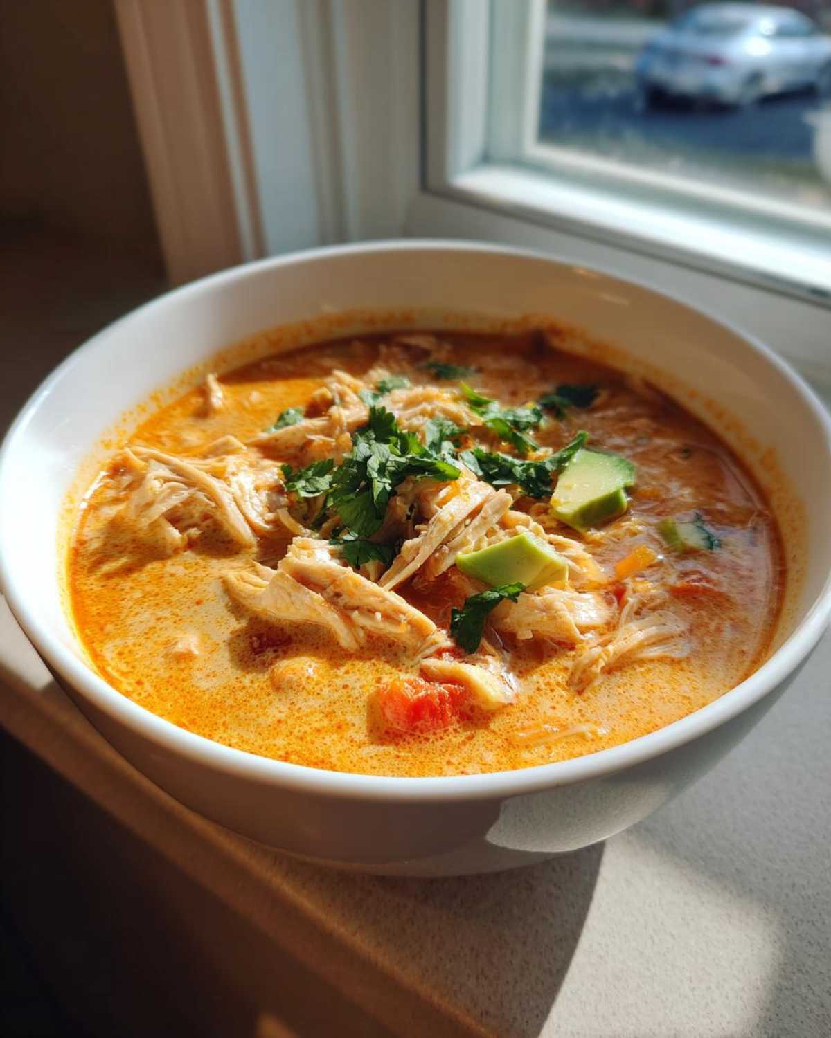 A close-up of a white bowl filled with creamy chicken tortilla soup, topped with shredded chicken, avocado chunks, and cilantro.