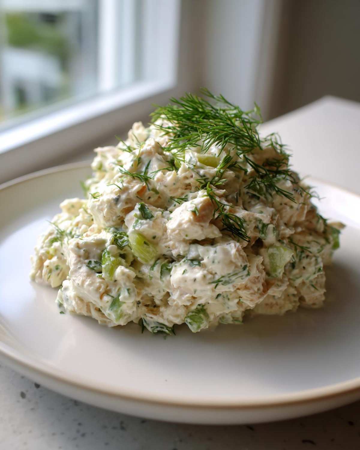 A mound of creamy cottage cheese chicken salad mixed with celery and topped with fresh dill on a white plate.