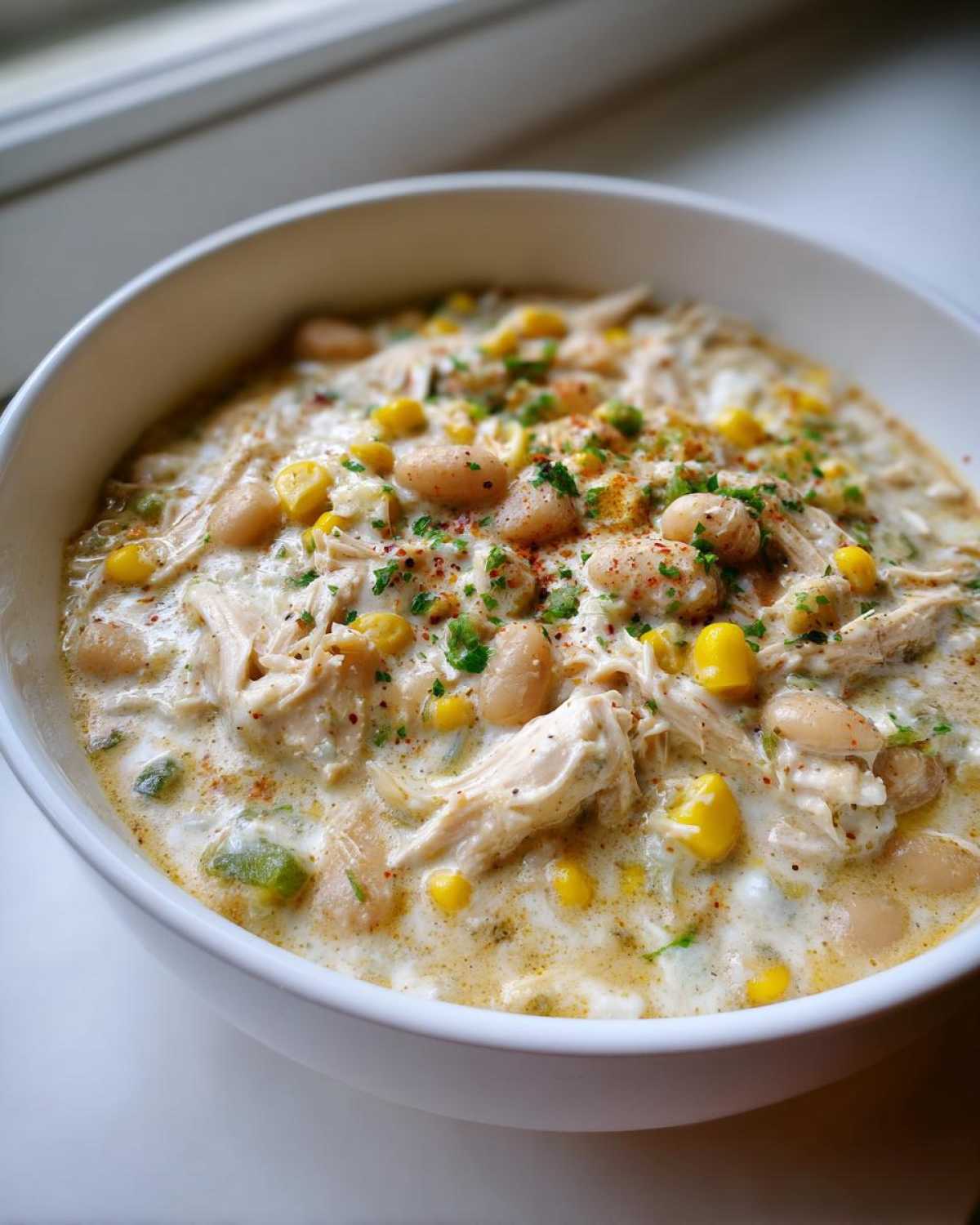Close-up of a bowl of creamy crockpot white chicken chili with shredded chicken, white beans, and corn.