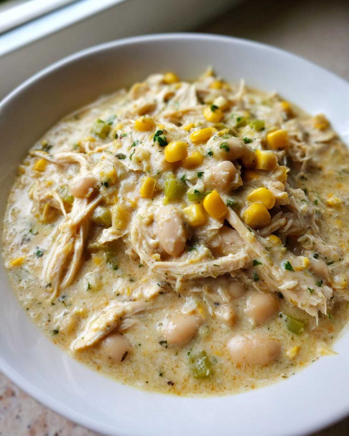 Close-up of a bowl filled with creamy crockpot white chicken chili, featuring shredded chicken, white beans, corn, and green peppers.