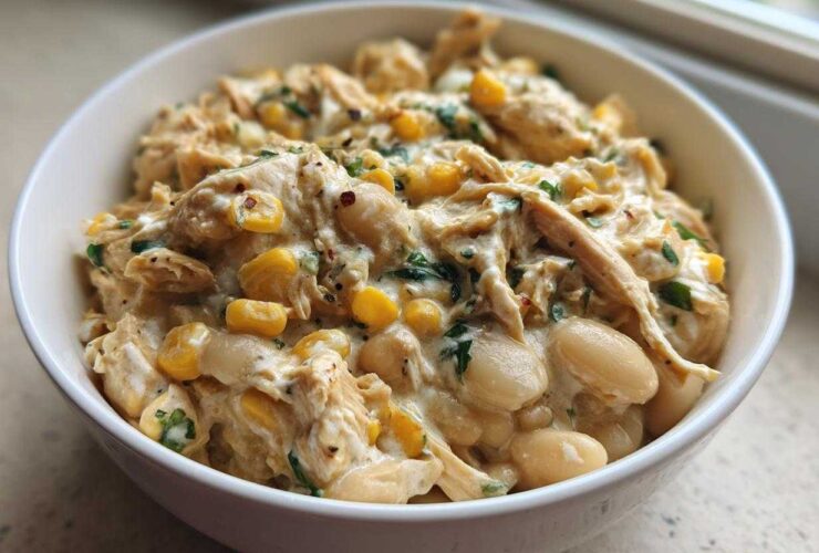 Close-up of a white bowl filled with creamy crockpot white chicken chili, featuring shredded chicken, white beans, and corn.