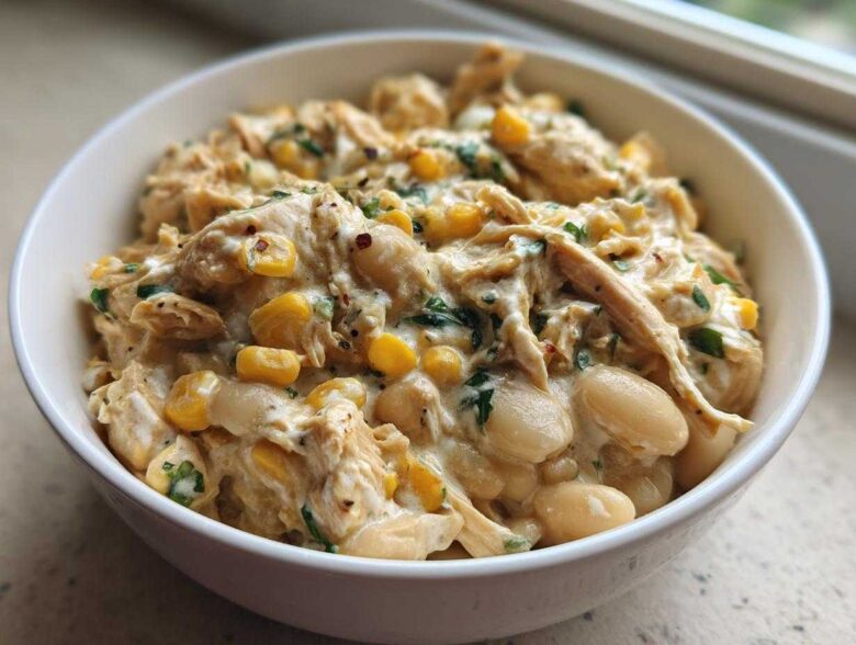 Close-up of a white bowl filled with creamy crockpot white chicken chili, featuring shredded chicken, white beans, and corn.
