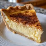 A close-up of a creamy slice of egg custard pie dusted heavily with cinnamon on a white plate.