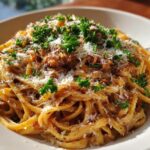 A close-up shot of a bowl filled with creamy french onion pasta, topped with grated cheese and fresh parsley.