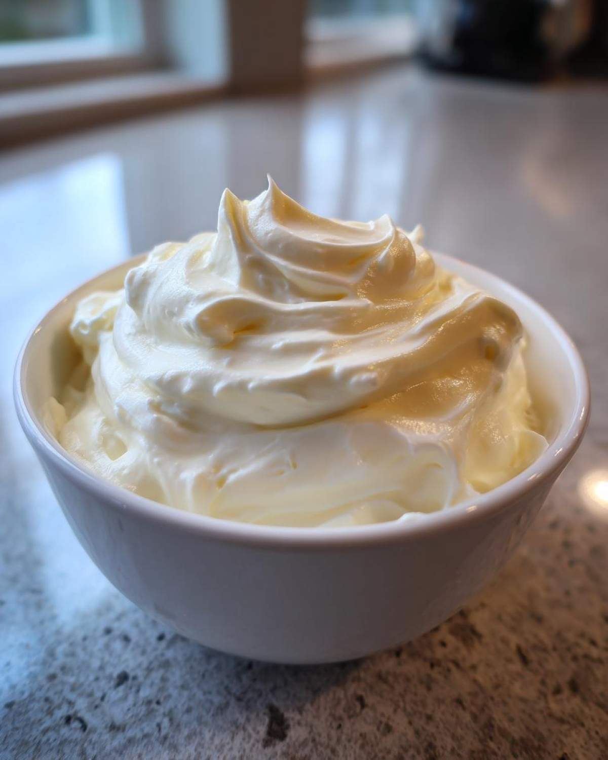 Close-up of fluffy, creamy white fruit dip swirled high in a small white bowl.