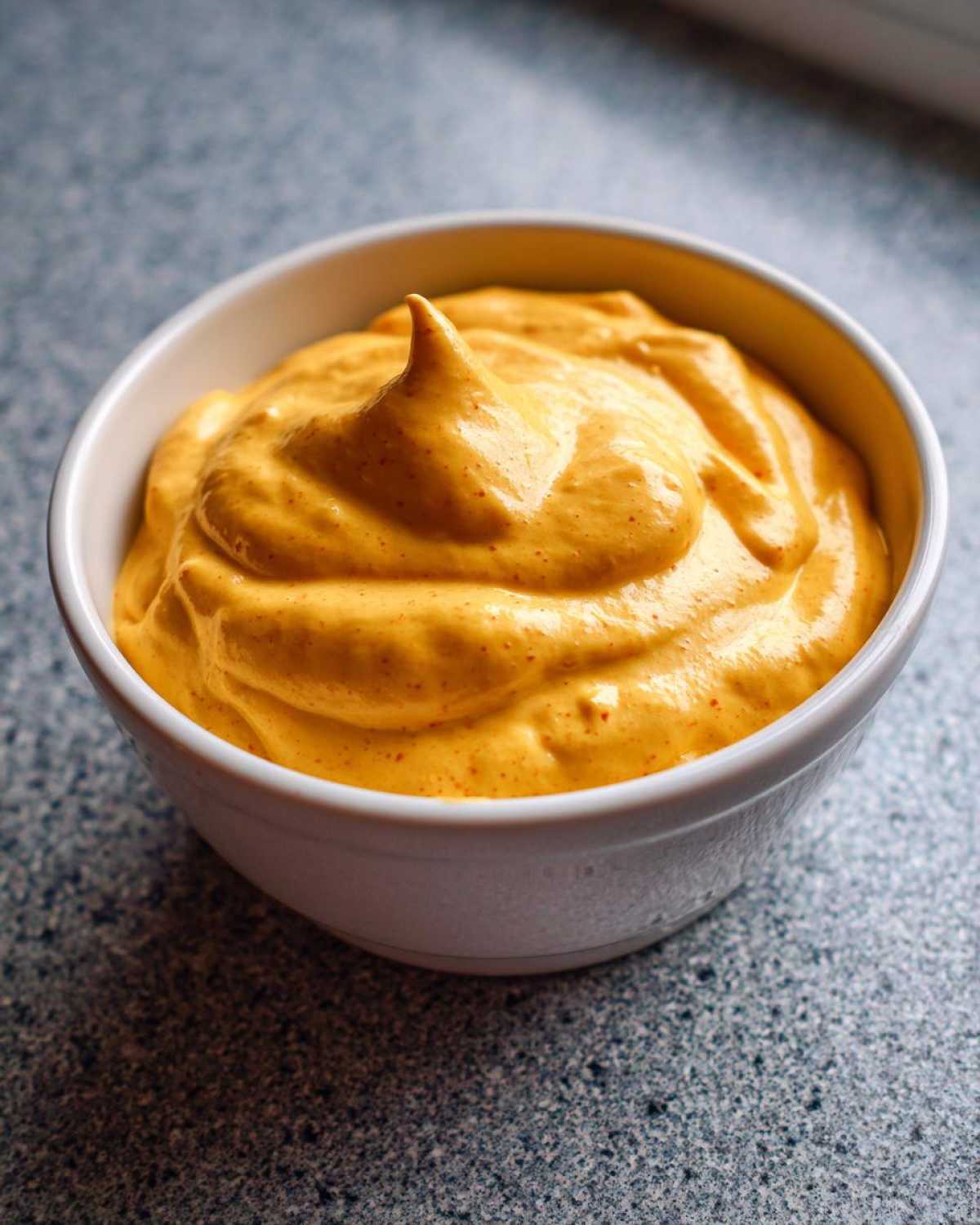 A close-up of thick, bright orange homemade nacho cheese sauce swirled high in a small white bowl.