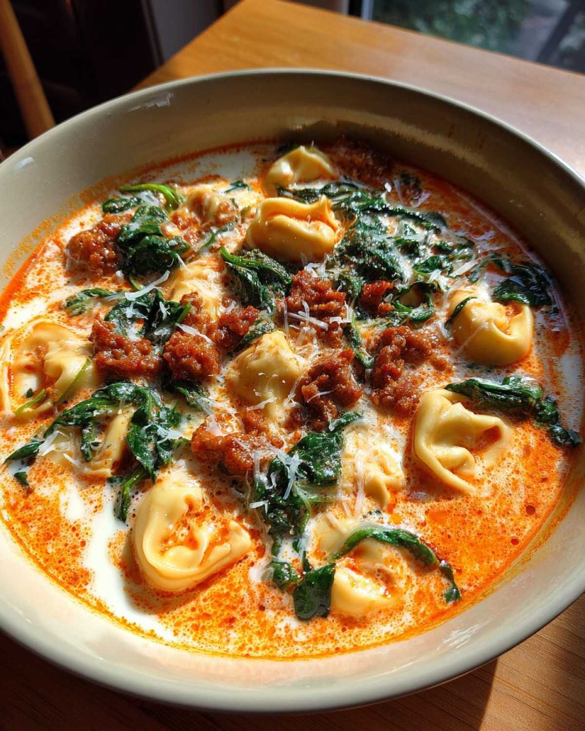 Close-up of a bowl of creamy italian sausage tortellini soup with spinach and grated cheese.