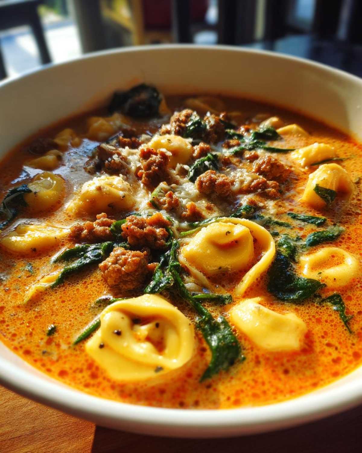 Close-up of a bowl of creamy italian sausage tortellini soup with spinach and grated cheese.