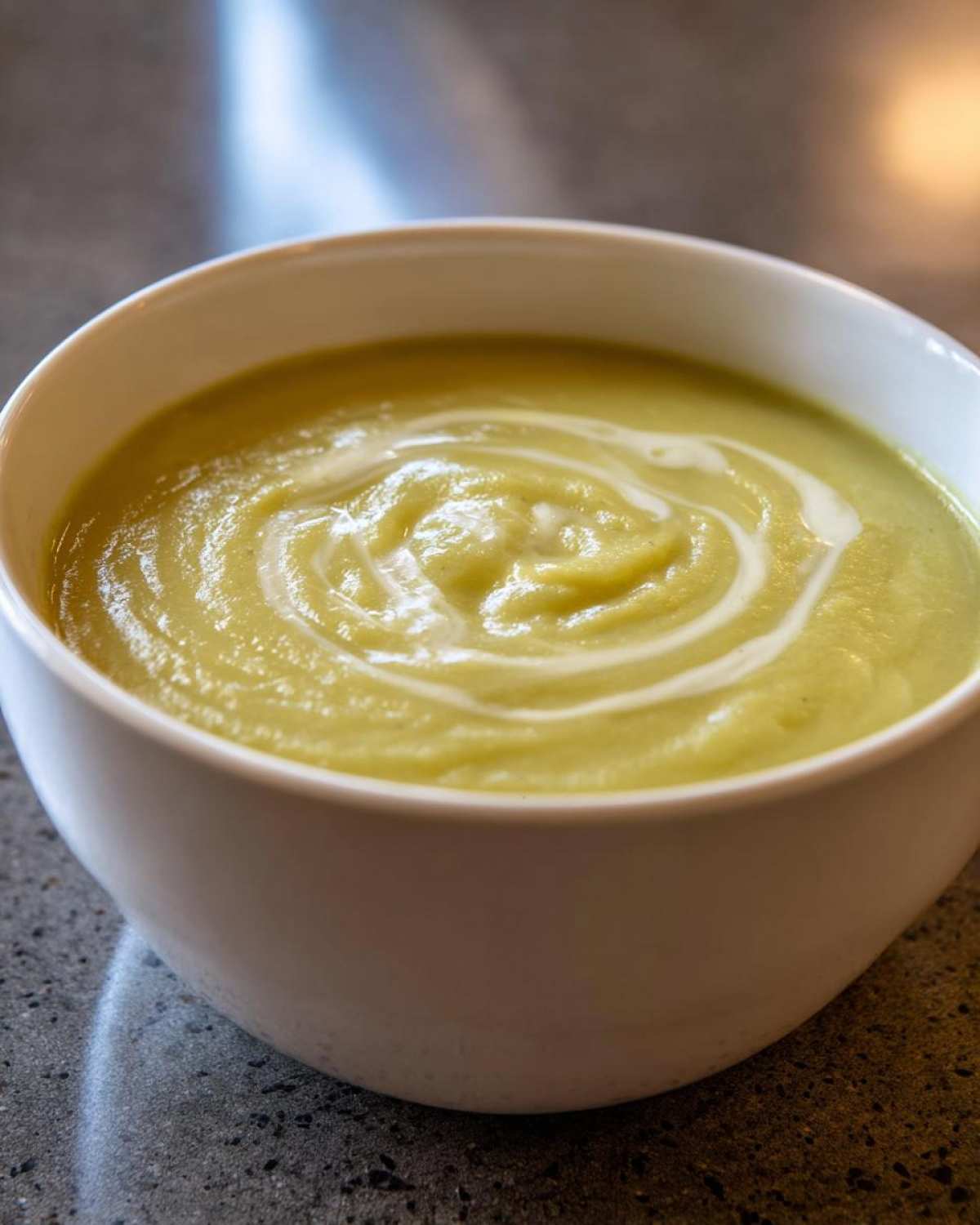 Close-up of a white bowl filled with smooth, creamy leek soup, garnished with a swirl of cream.