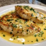 Two seared chicken breasts smothered in a rich, yellow creamy lemon chicken sauce and topped with fresh parsley.
