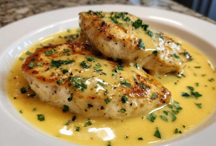 Two seared chicken breasts smothered in a rich, yellow creamy lemon chicken sauce and topped with fresh parsley.