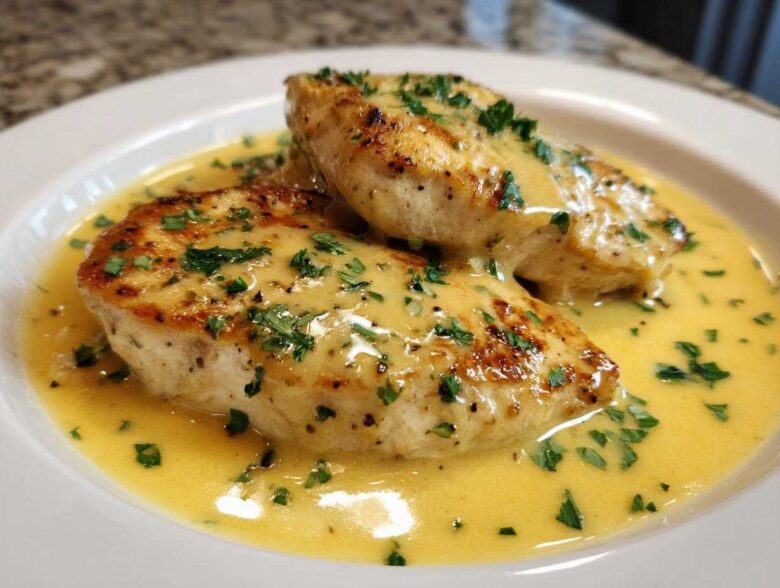 Two seared chicken breasts smothered in a rich, yellow creamy lemon chicken sauce and topped with fresh parsley.