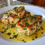 Three golden-brown chicken breasts smothered in a rich, creamy lemon sauce and topped with fresh parsley.