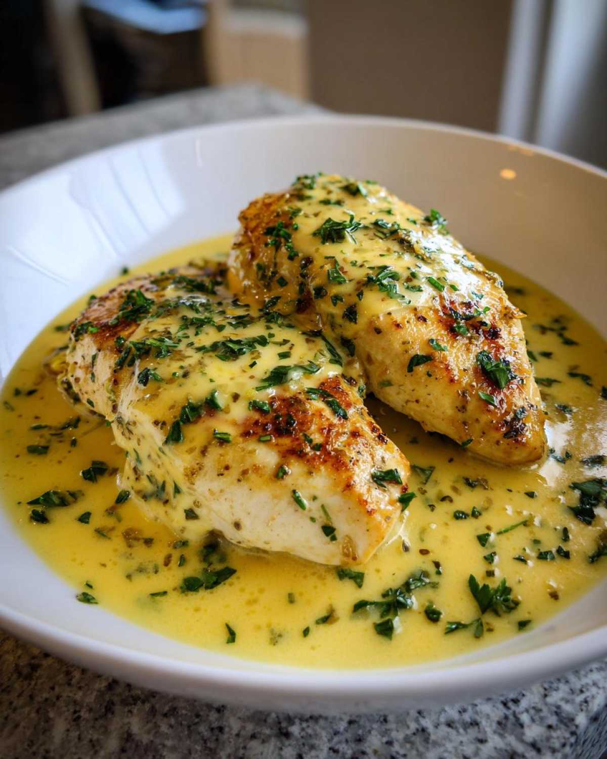 Two pan-seared chicken breasts smothered in a rich, creamy lemon sauce and topped with fresh parsley.