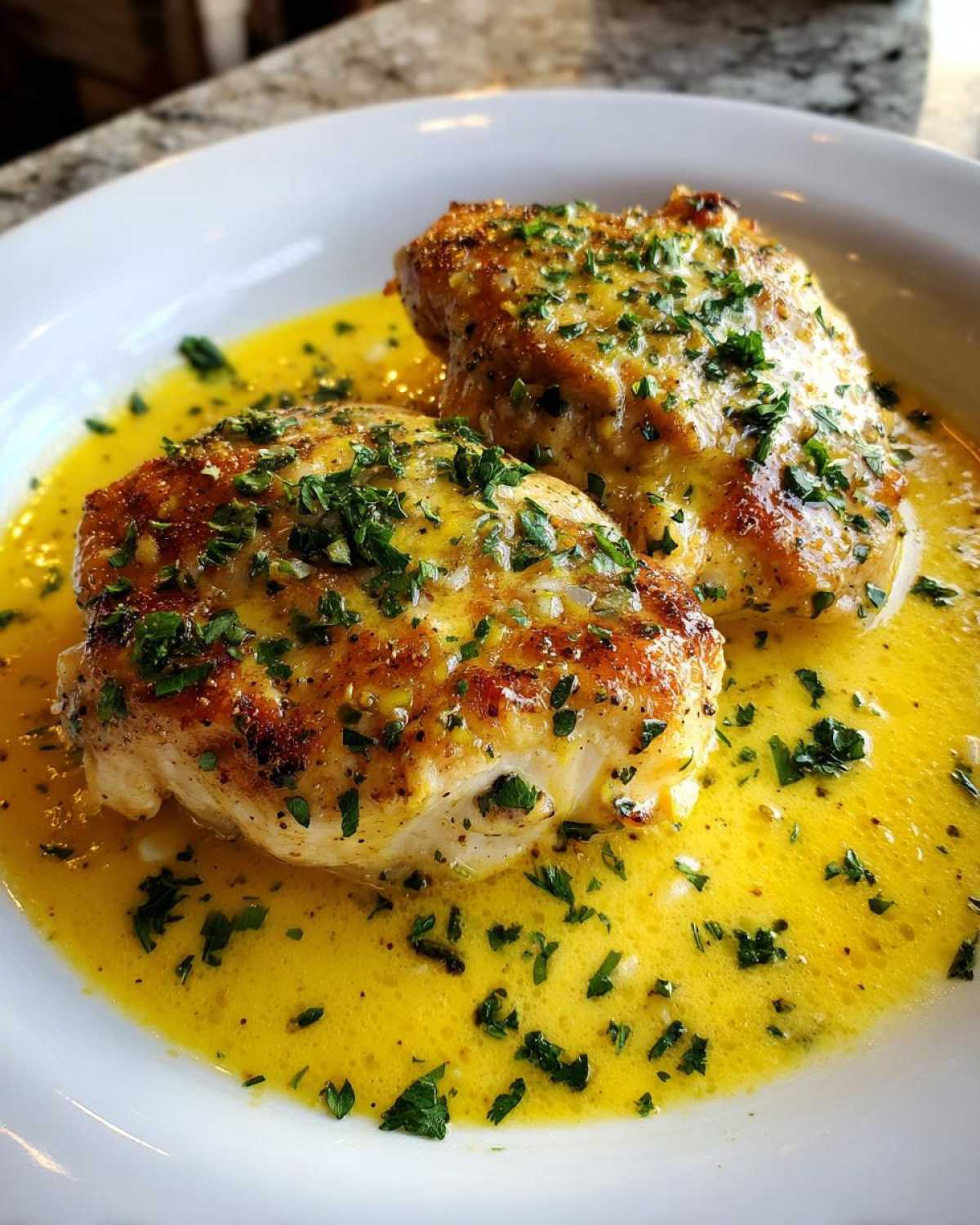 Two golden-brown chicken breasts swimming in a bright, rich creamy lemon chicken sauce, topped with fresh parsley.