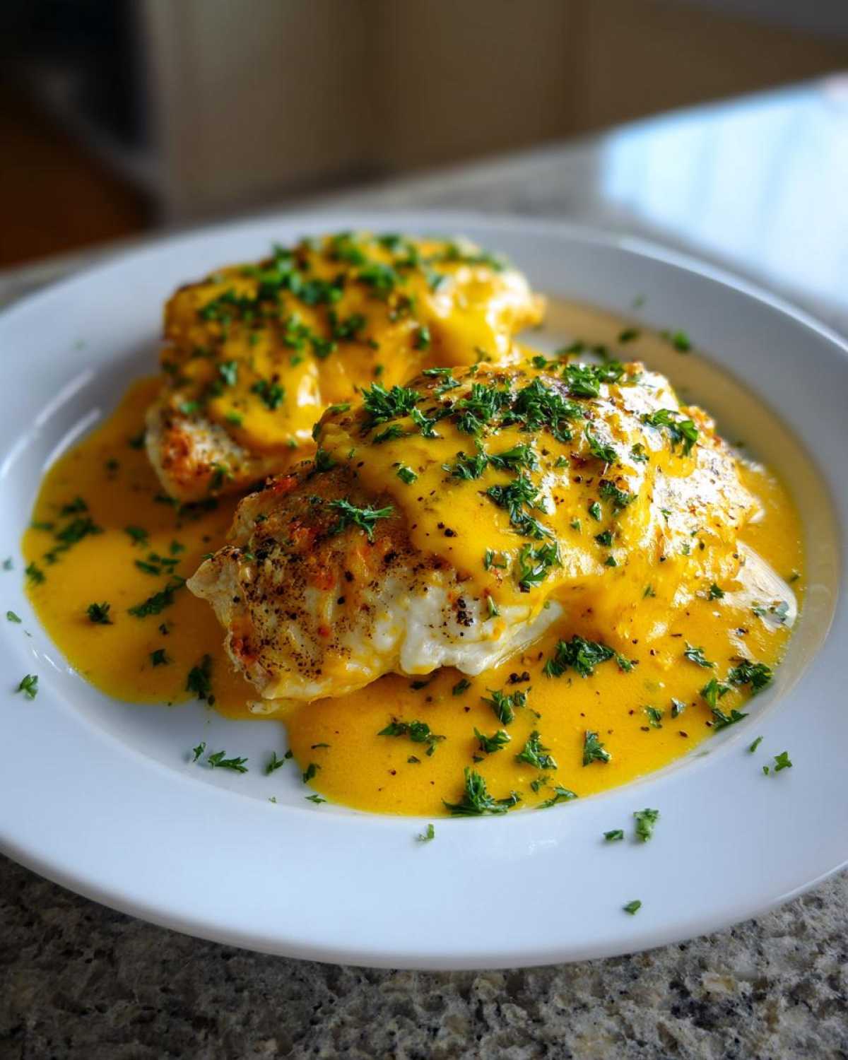 Two seasoned chicken breasts smothered in a bright yellow creamy lemon sauce and topped with fresh chopped parsley.