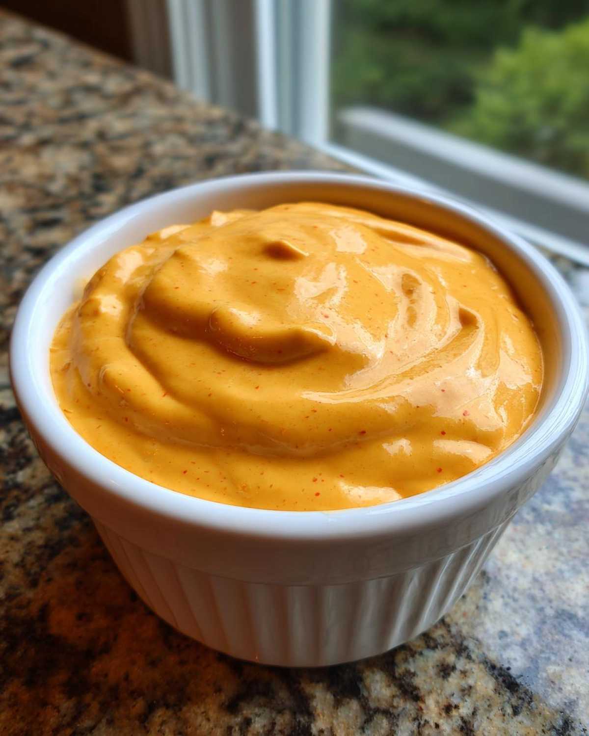 A close-up of thick, vibrant orange nacho cheese sauce swirled in a small white ramekin.