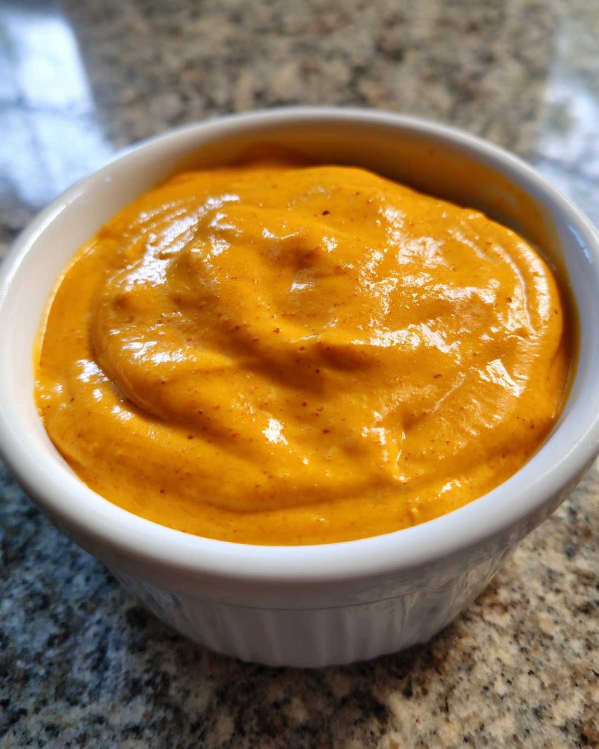 Close-up of creamy, vibrant orange nacho cheese sauce swirled in a small white bowl.