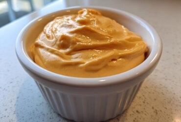 Close-up of rich, orange, creamy nacho cheese sauce filling a small white ribbed ramekin.
