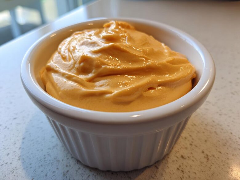 Close-up of rich, orange, creamy nacho cheese sauce filling a small white ribbed ramekin.