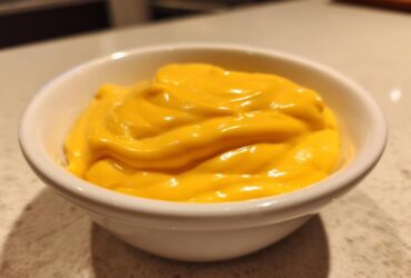 Close-up of rich, smooth, bright orange nacho cheese sauce served in a small white dipping bowl.