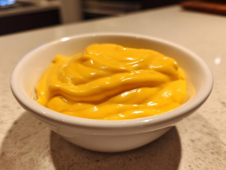 Close-up of rich, smooth, bright orange nacho cheese sauce served in a small white dipping bowl.