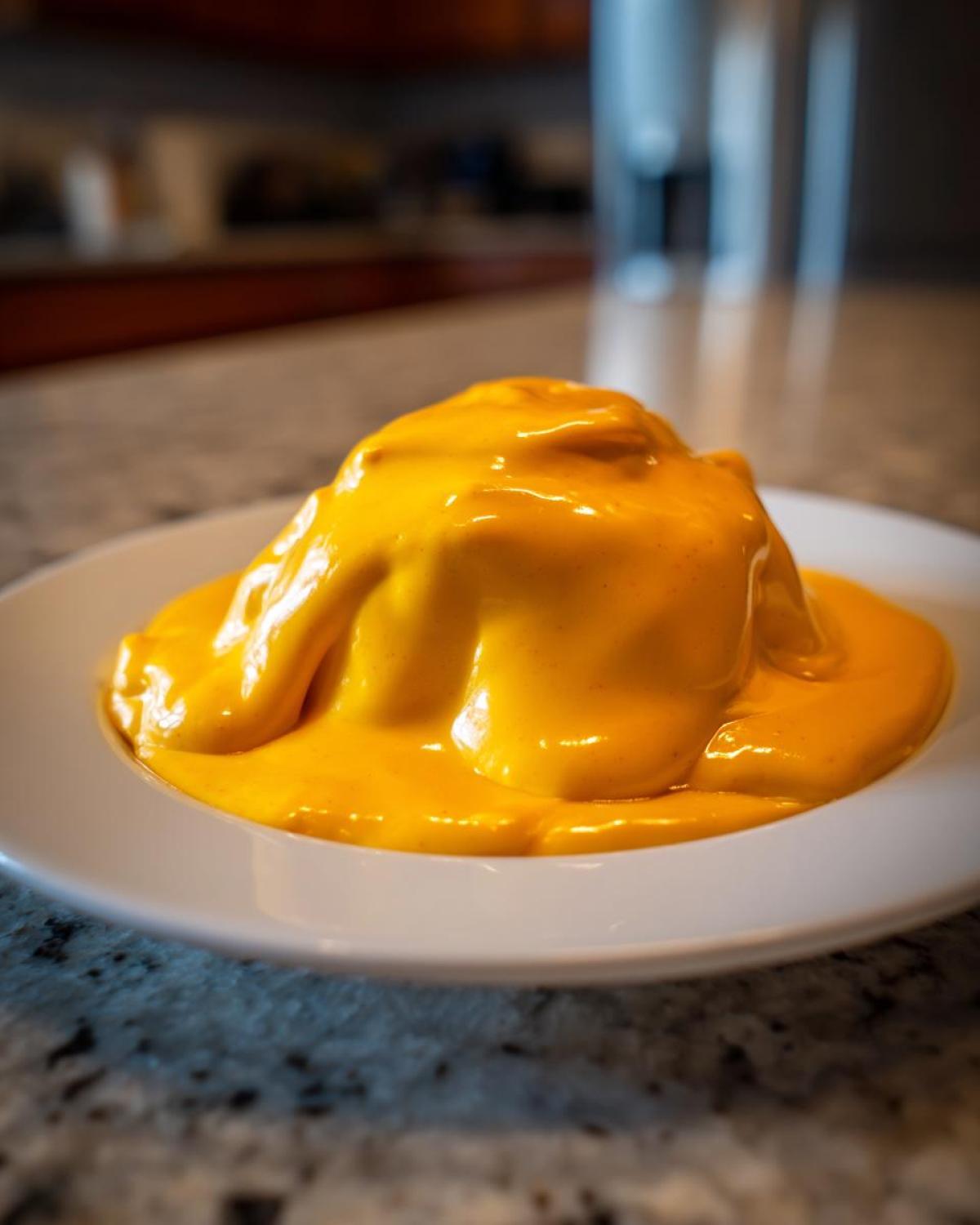 A mound of food completely smothered in thick, bright orange nacho cheese sauce on a white plate.