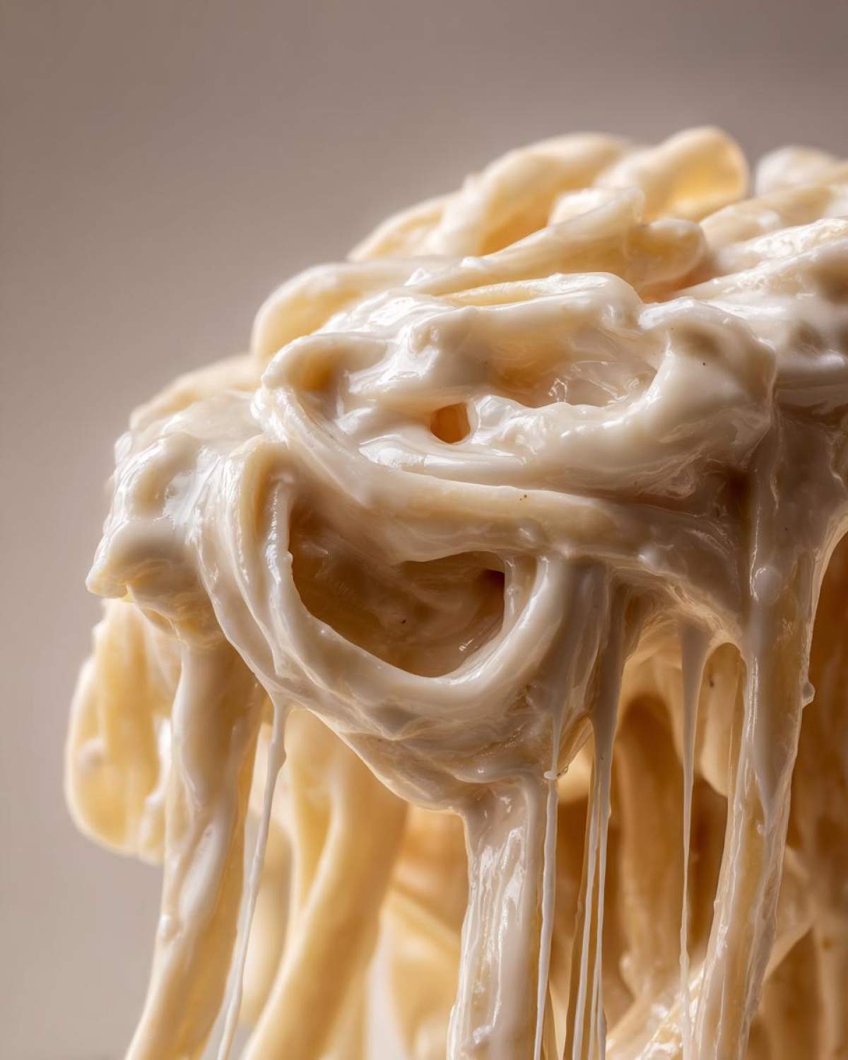 Extreme close-up of thick, creamy Olive Garden Alfredo sauce dripping off cooked pasta noodles.