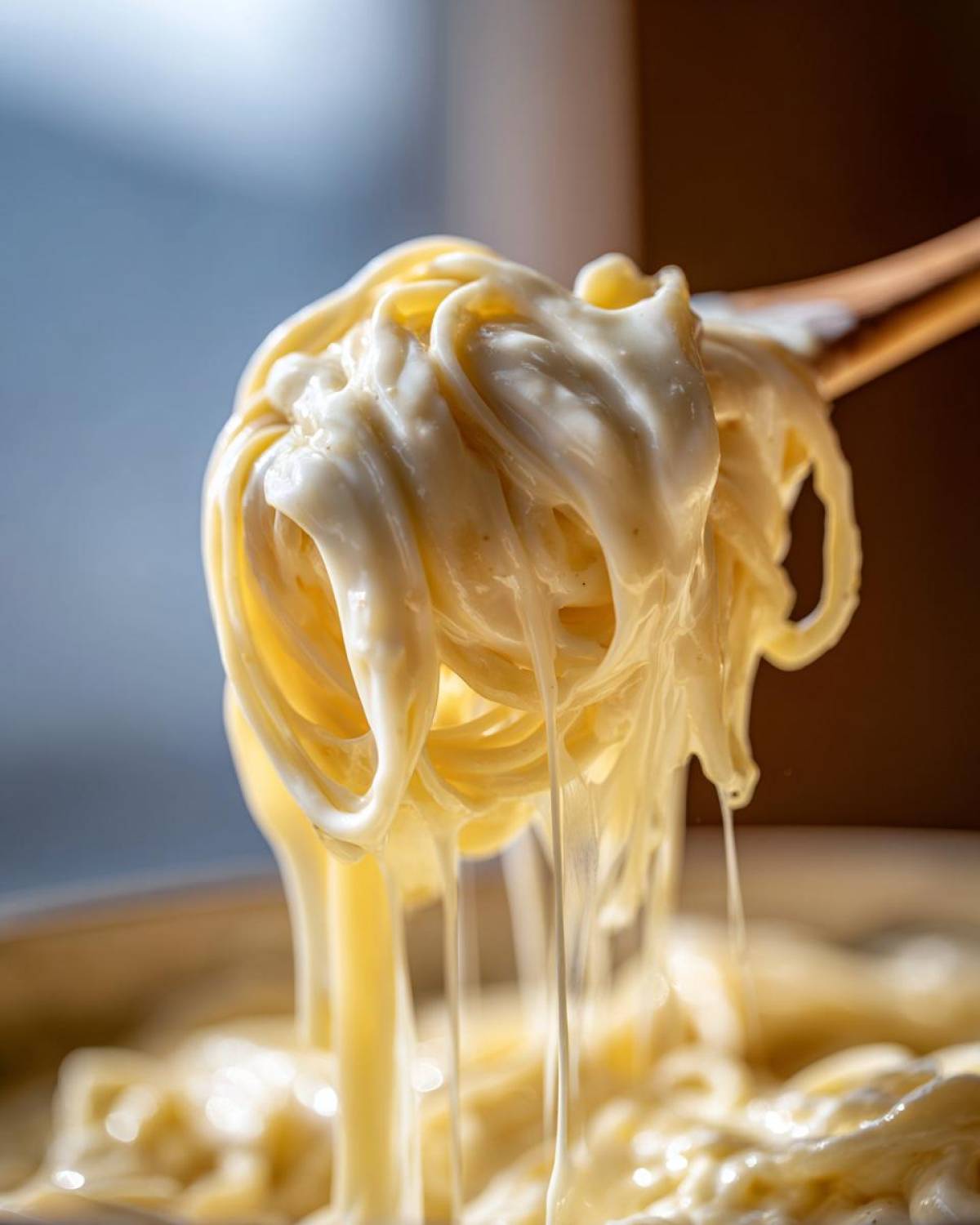 Close-up of pasta heavily coated in thick, creamy Olive Garden Alfredo Sauce being lifted by a utensil.