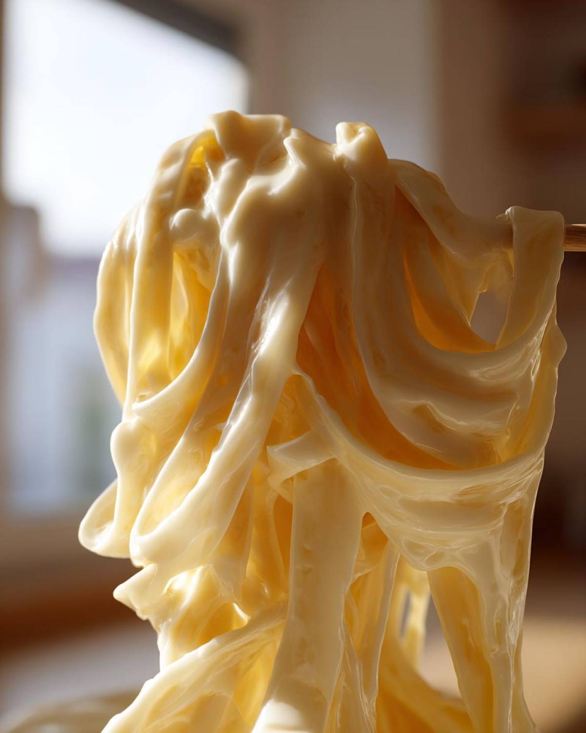 Close-up of thick, creamy Olive Garden Alfredo sauce richly coating strands of pasta being lifted by tongs.