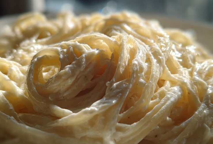 Extreme close-up of fettuccine pasta coated in rich, creamy Olive Garden Alfredo sauce.