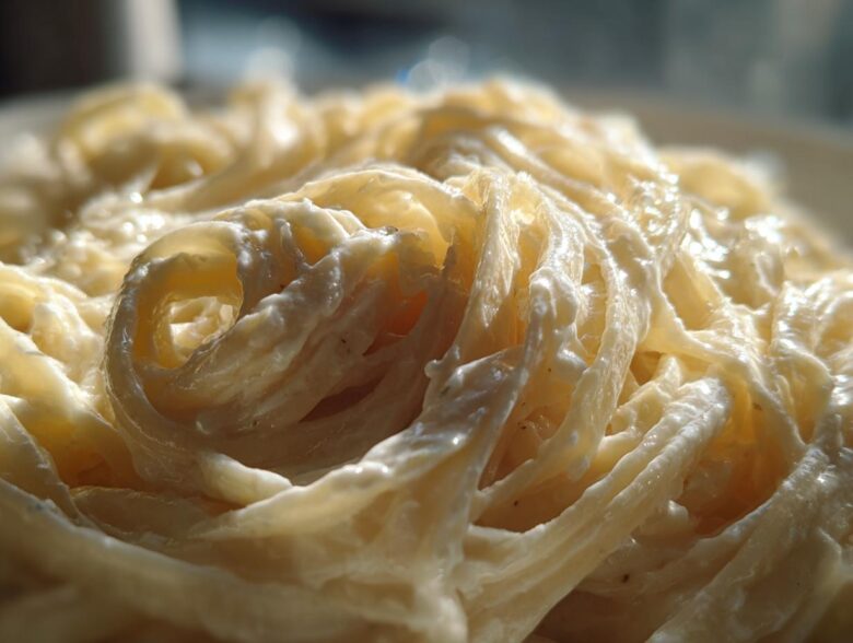 Extreme close-up of fettuccine pasta coated in rich, creamy Olive Garden Alfredo sauce.