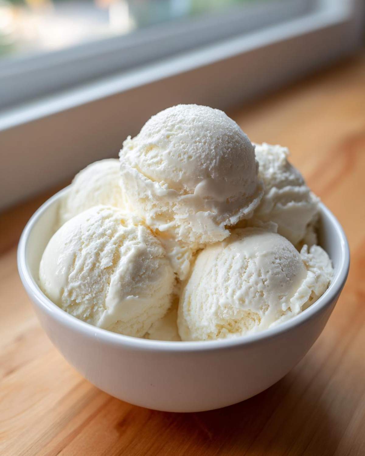 Close-up of several scoops of creamy white protein ice cream served in a simple white bowl.