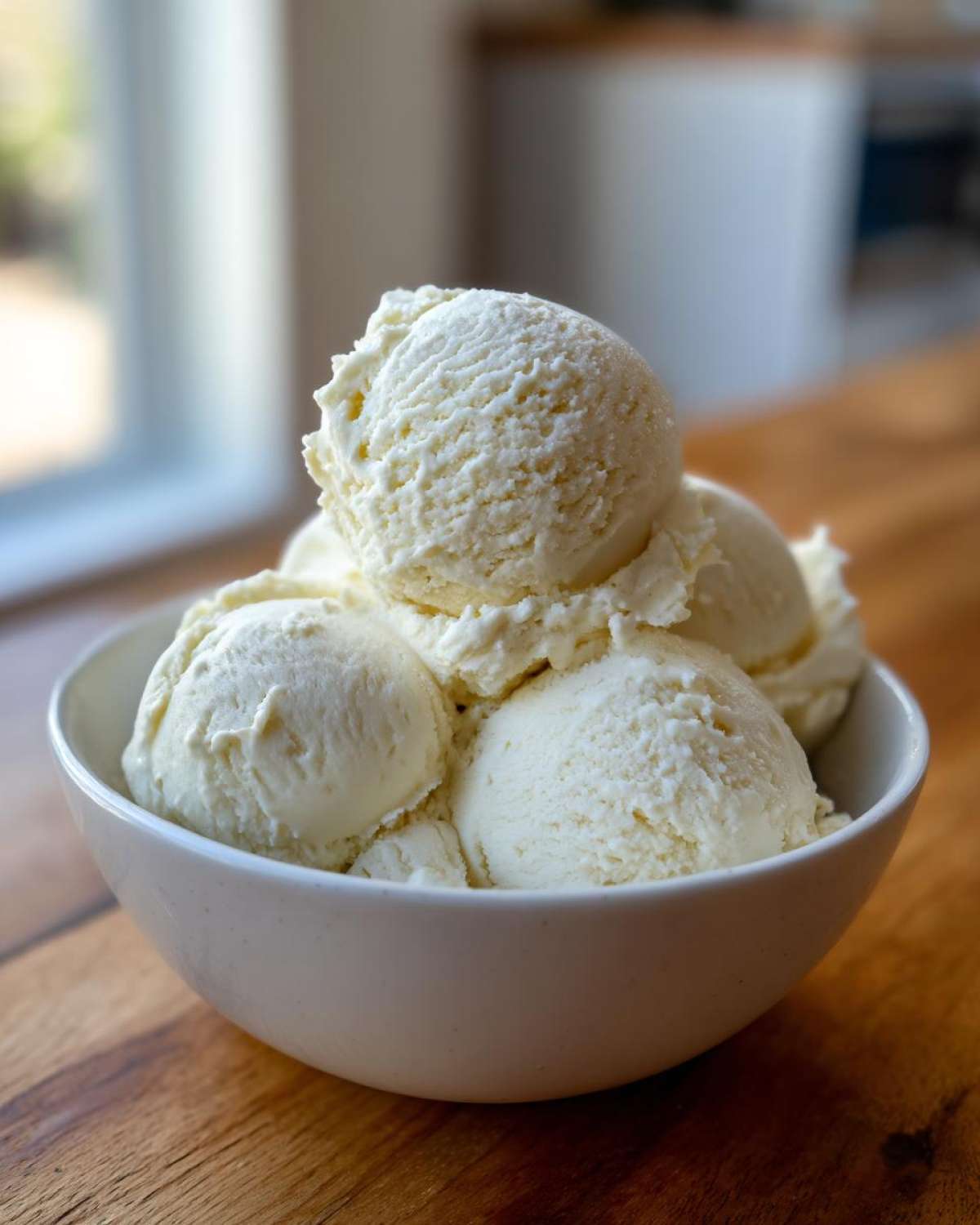Close-up of several scoops of creamy vanilla protein ice cream served in a white bowl on a wooden table.