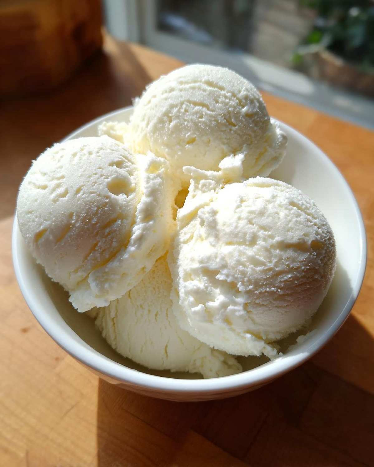 Four scoops of creamy white protein ice cream served in a small white bowl on a wooden surface.