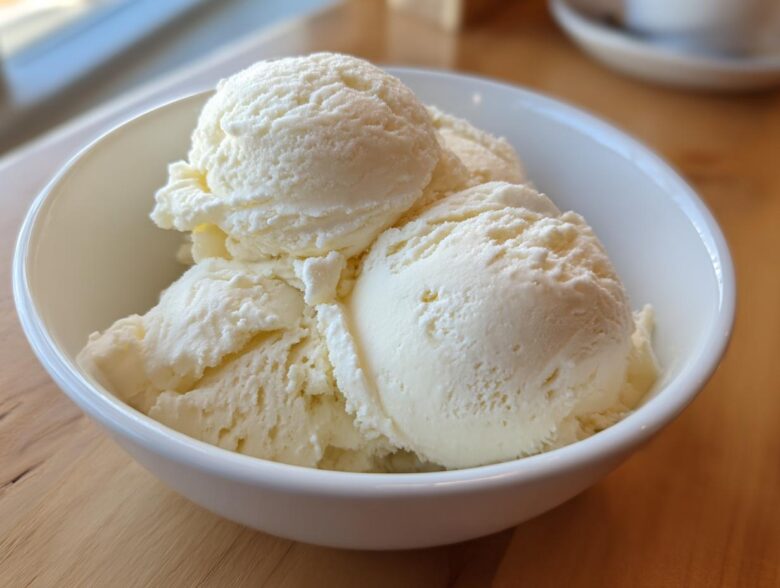 Close-up of several scoops of creamy vanilla protein ice cream served in a white bowl.