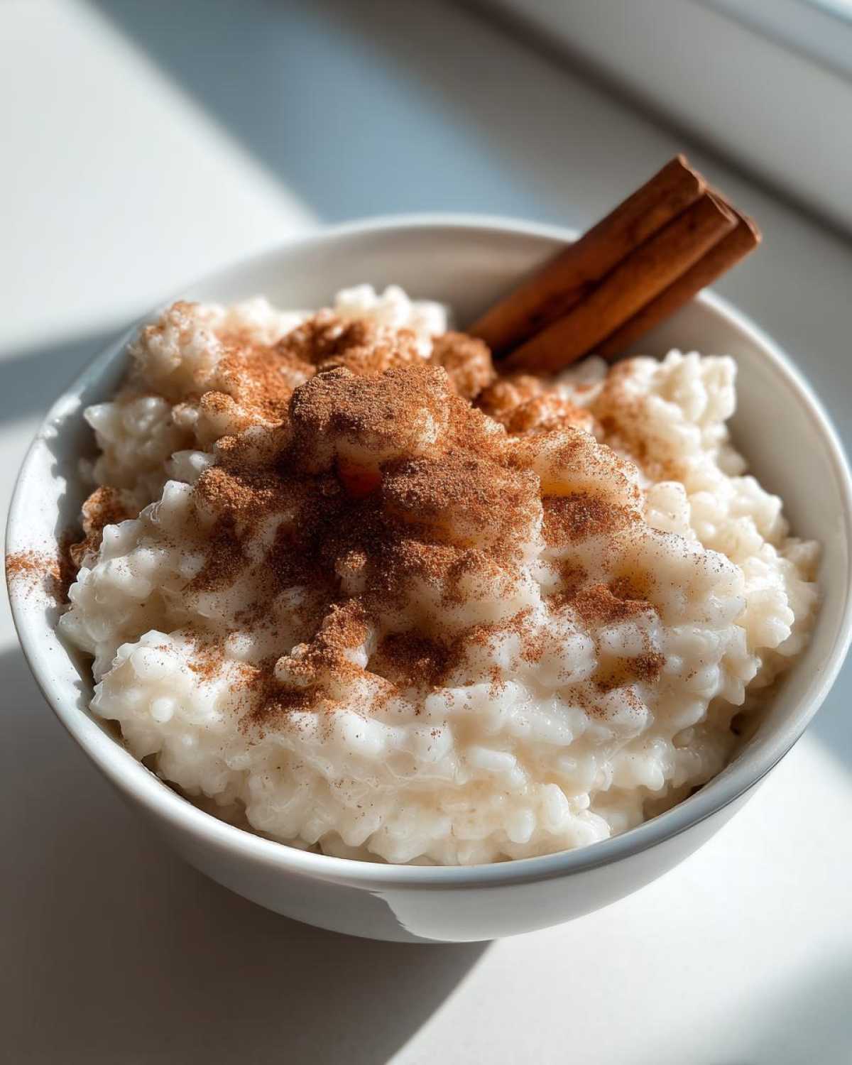 A close-up of creamy rice pudding topped with ground cinnamon and two cinnamon sticks.
