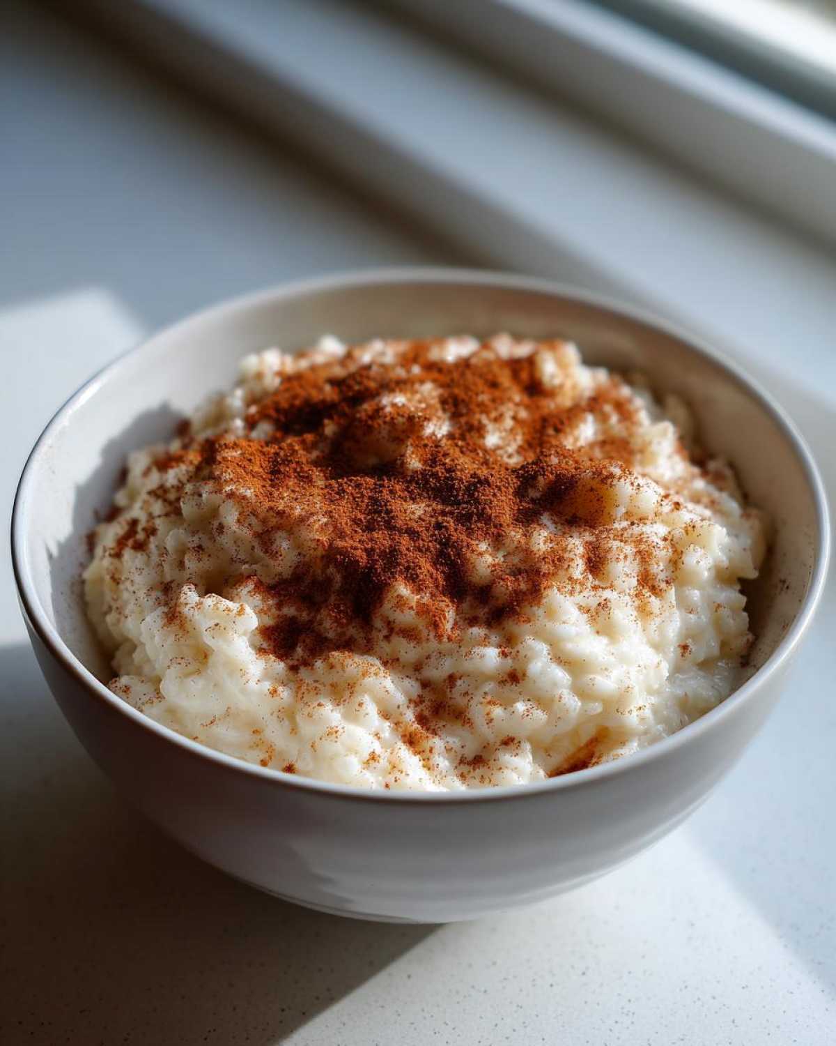 A close-up of creamy rice pudding generously topped with ground cinnamon in a white bowl.
