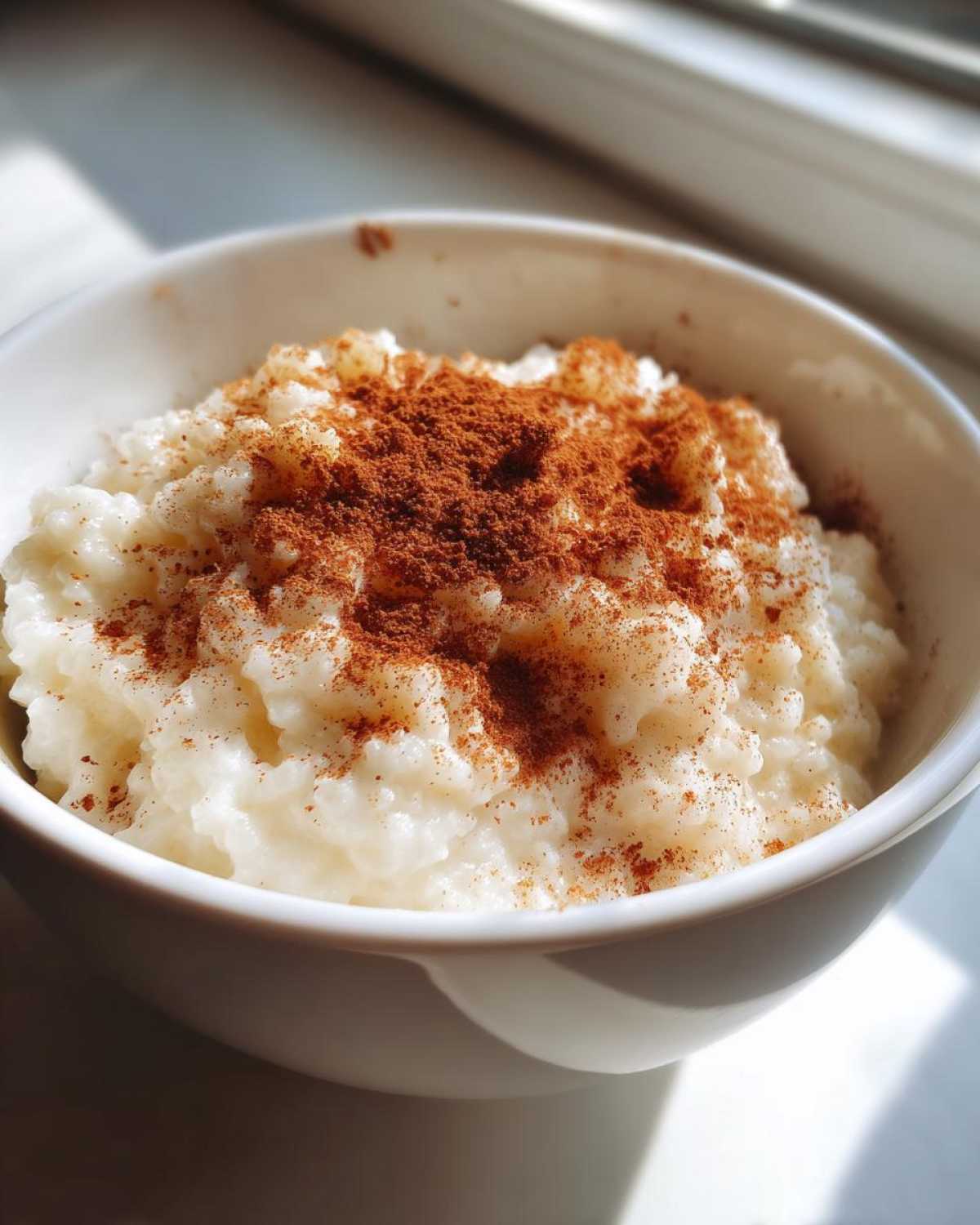 Close-up of a white bowl filled with creamy rice pudding generously dusted with cinnamon.