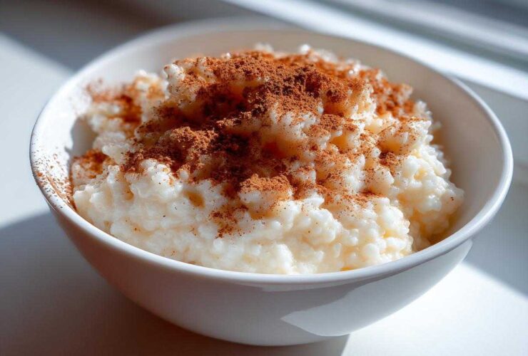 Close-up of creamy rice pudding served in a white bowl, generously topped with ground cinnamon.
