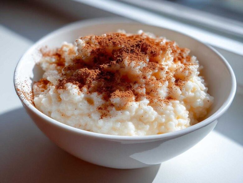 Close-up of creamy rice pudding served in a white bowl, generously topped with ground cinnamon.