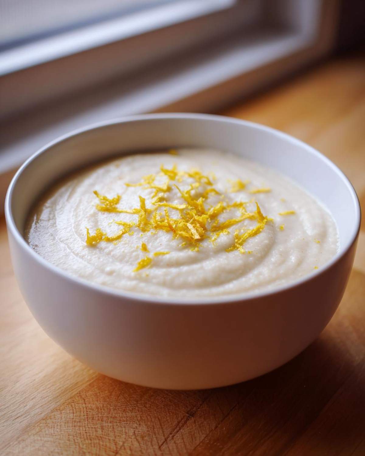 A white bowl filled with creamy roasted cauliflower soup, topped with bright yellow lemon zest.