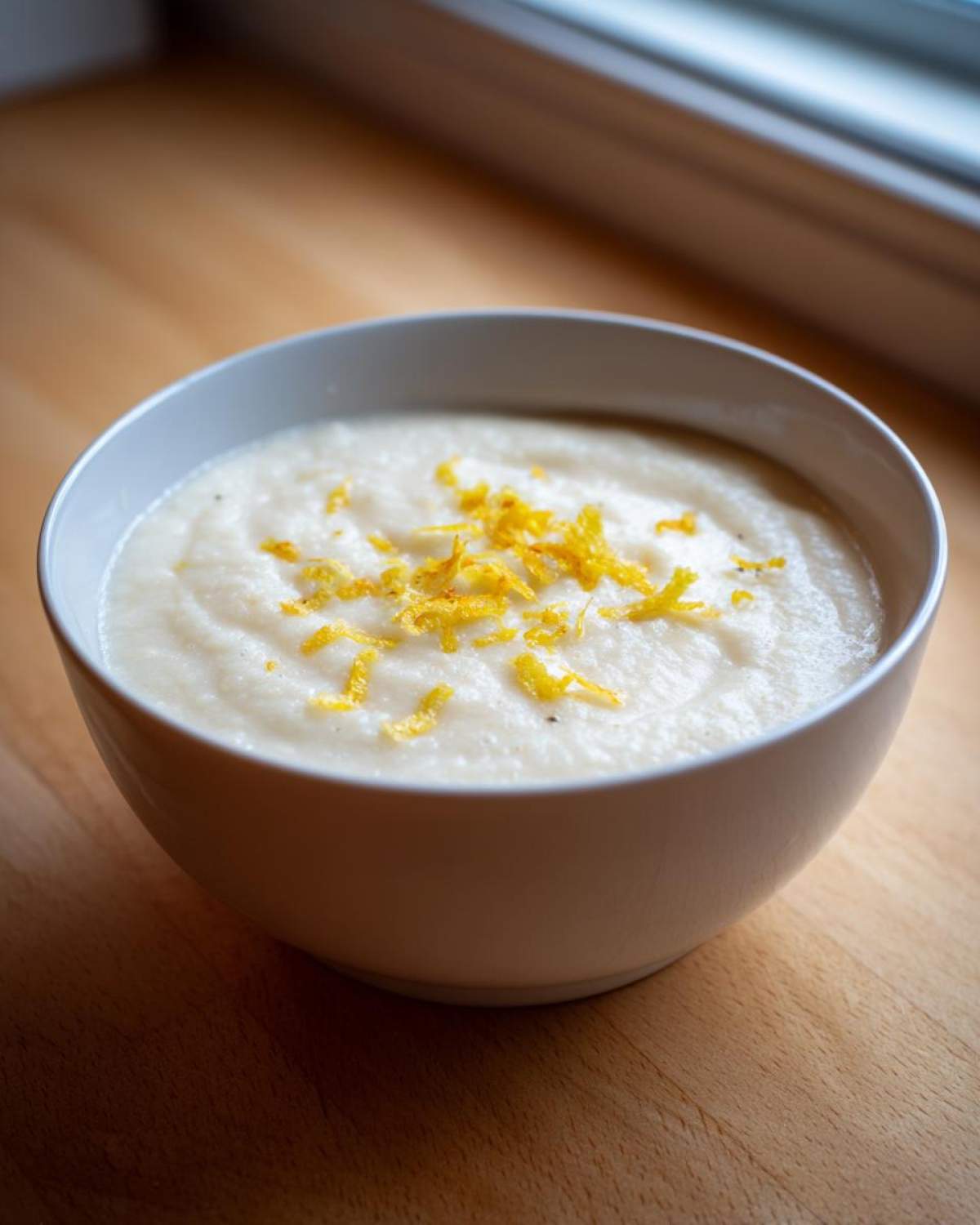 A creamy bowl of roasted cauliflower soup topped with bright yellow lemon zest.