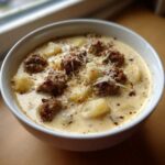 A close-up of creamy sausage potato soup with chunks of potato and browned sausage, topped with grated cheese.