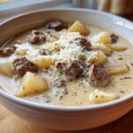 Close-up of a hearty bowl of creamy sausage potato soup topped with shredded cheese.