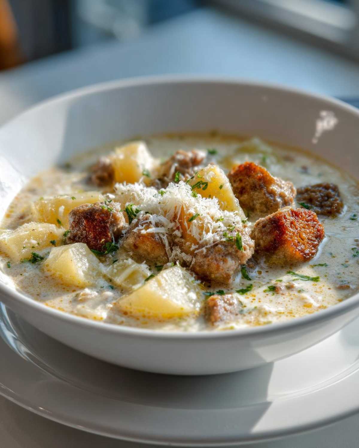 Close-up of a hearty bowl of creamy sausage potato soup, topped with shredded cheese and parsley.