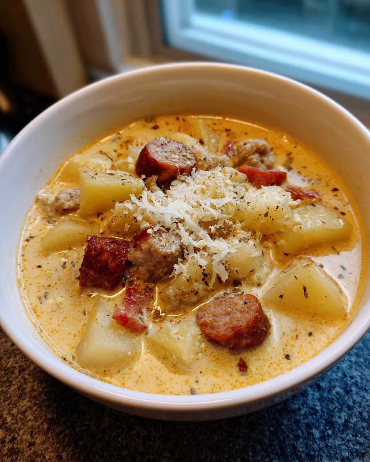 A close-up of creamy sausage potato soup, featuring chunks of potato, sausage, and grated cheese topping.
