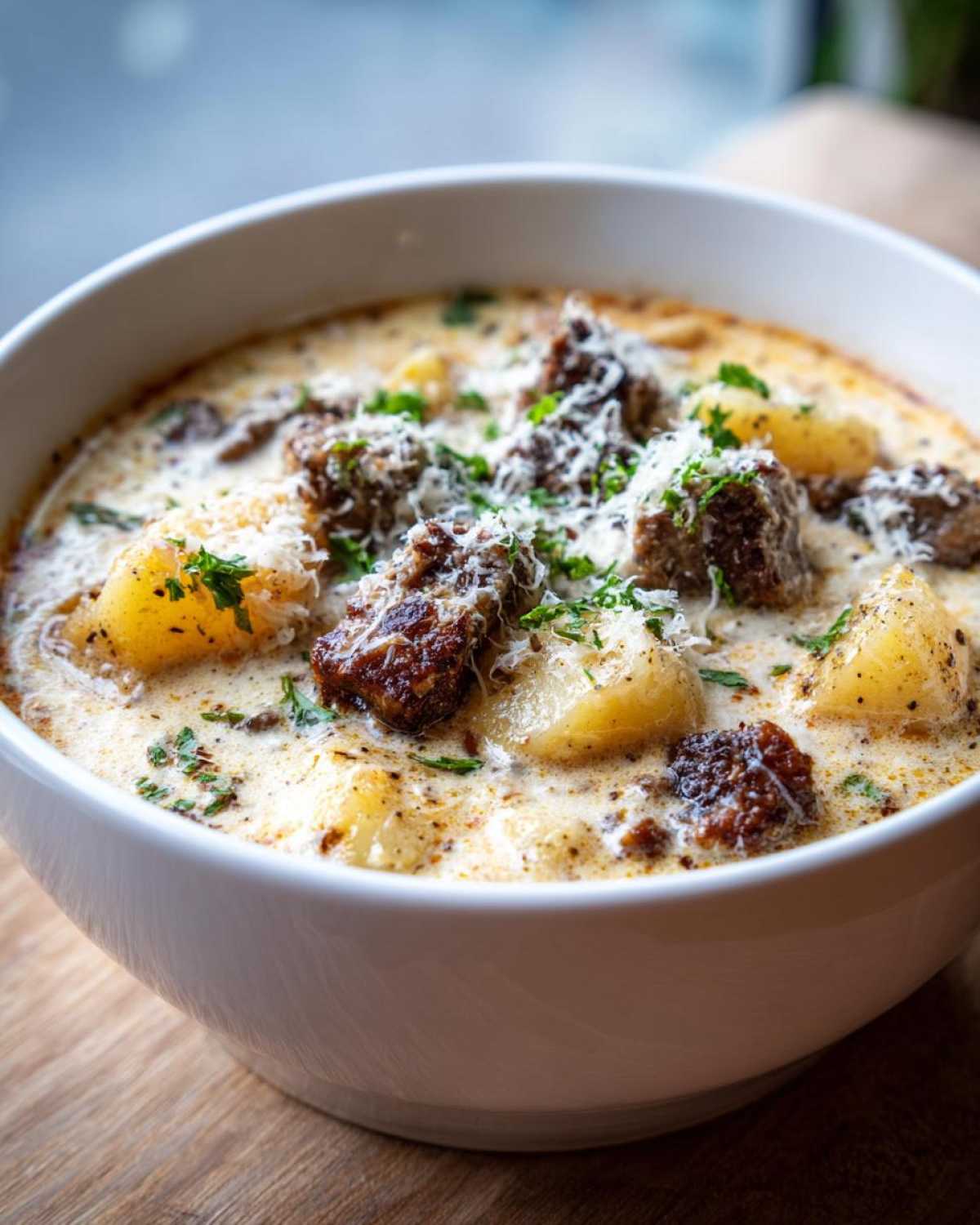 Close-up of a hearty bowl of creamy sausage potato soup, topped with browned sausage chunks, potatoes, and grated cheese.