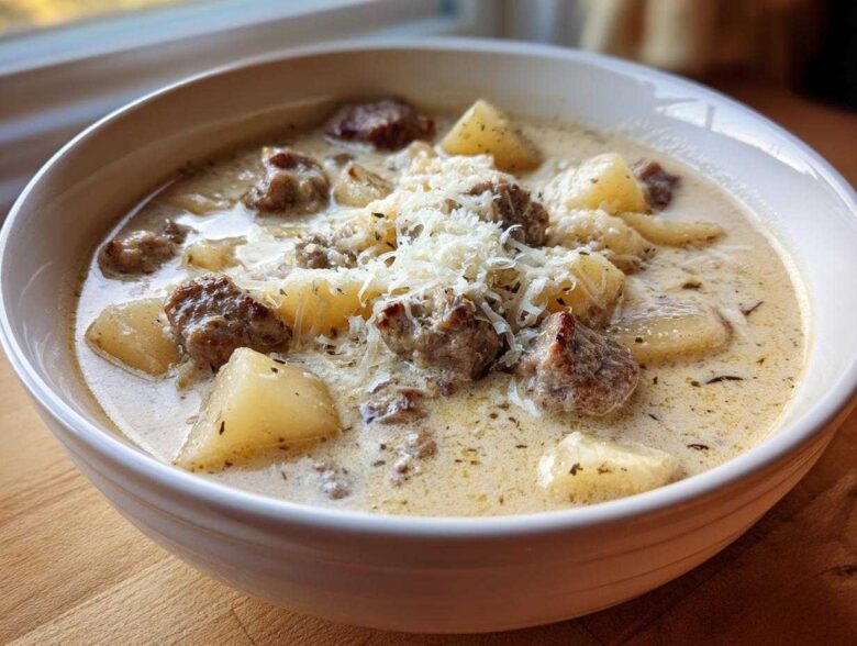 Close-up of a hearty bowl of creamy sausage potato soup topped with shredded cheese.